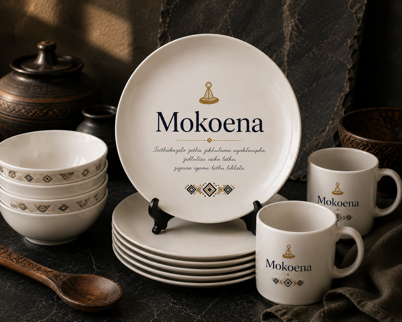 Personalised Dishd plates, bowls and mugs on a dark table